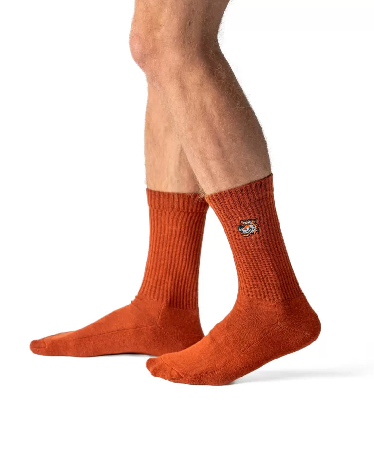 Brown crew čarape Good Willy – old money stil
Braon crew čarape – detalj logotipa tigra
Brown čarape na nozi – lifestyle prikaz
Premium braon čarape – close up materijala
Carape za crossfit